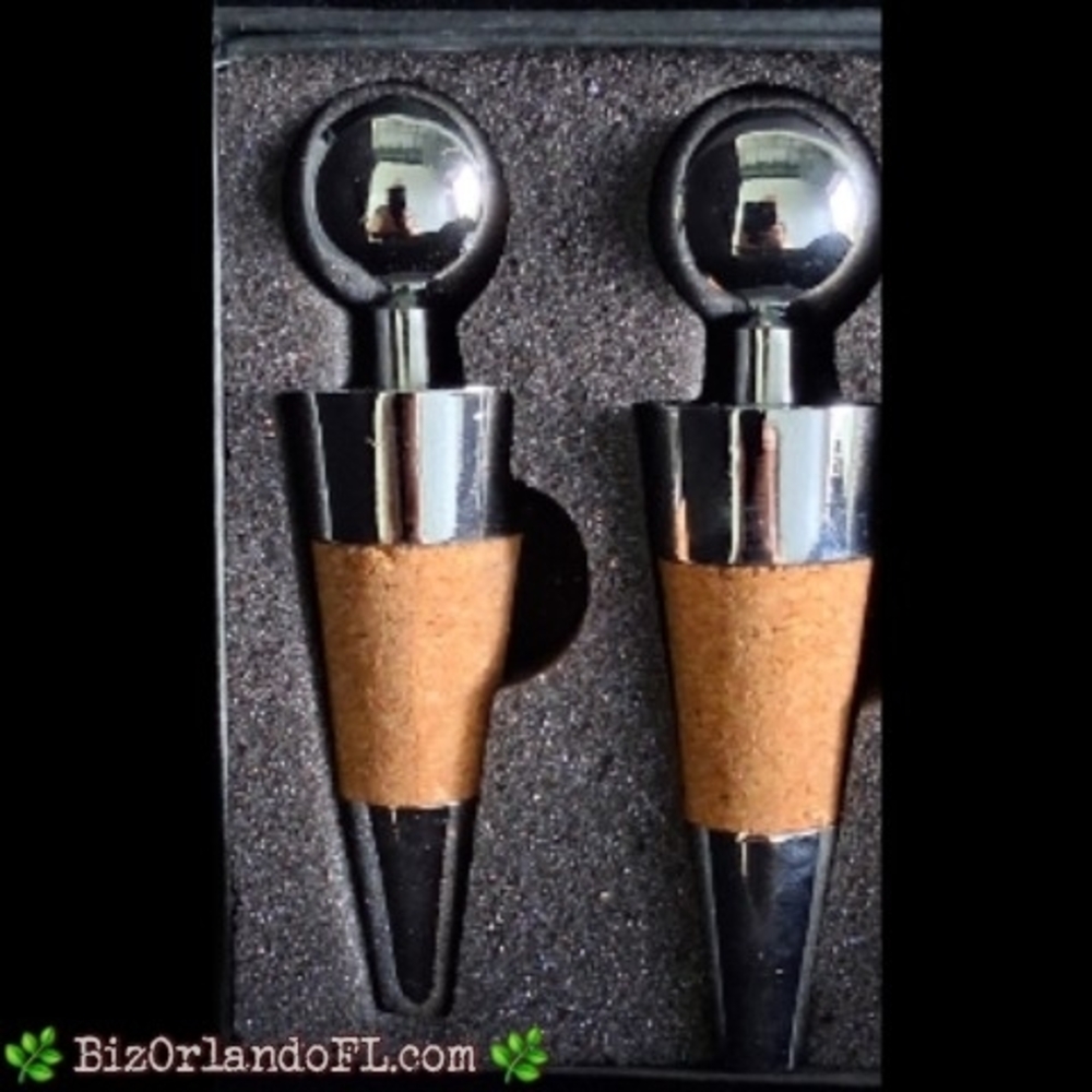 VINTAGE: Leed's Chrome & Cork Wine Decorative Stoppers Set of 2 ** NEW IN BOX **